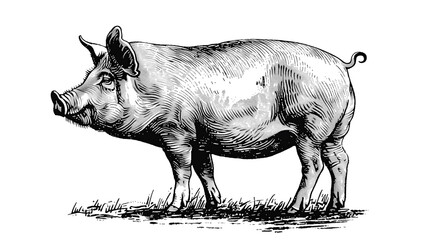 Fototapeta premium Pig, hog, boar. Vintage retro print, black white pig sketch ink pencil style drawing, linear drawing, engrave old school. Sketch artwork silhouette pig, hog, boar. Side view profile. Illustration