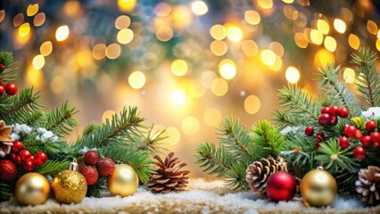 Festive Evergreen Branches Adorned with Golden Ornaments and Red Berries Resting on a Blanket of Snow Against a Background of Warm, Sparkling Lights