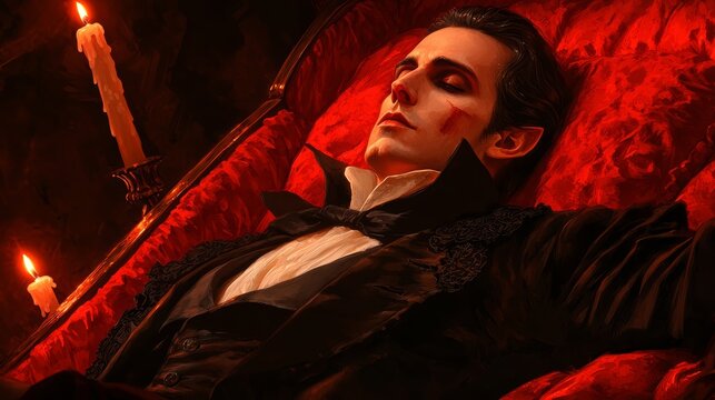 A gothic vampire in a high-collared cape and traditional attire, lying in an opulent coffin with red velvet lining, inside a dark, candlelit chamber.