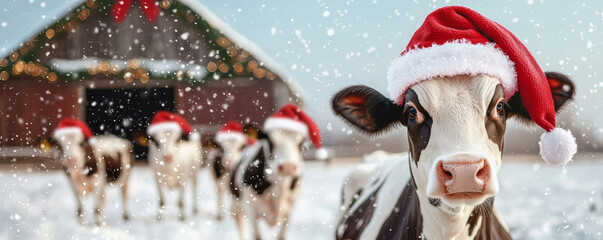 A group of cheerful cows wearing Santa hats, standing by a snow-covered barn decorated with Christmas lights and garlands on a festive farm.