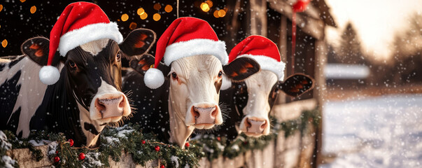 A group of cheerful cows wearing Santa hats, standing by a snow-covered barn decorated with Christmas lights and garlands on a festive farm.