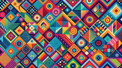 A vibrant and playful abstract geometric composition featuring a colorful and dynamic arrangement of squares, circles, triangles, and other shapes, creating a visually stimulating and modern design.