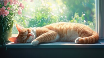 A plump cat sleeping on a windowsill, with a beautiful garden view in the background and soft sunlight streaming in.