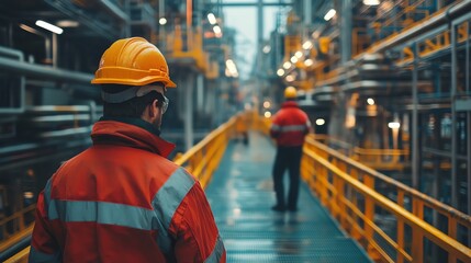 Two workers in safety gear navigate an industrial facility, showcasing the importance of safety and efficiency in modern environments.