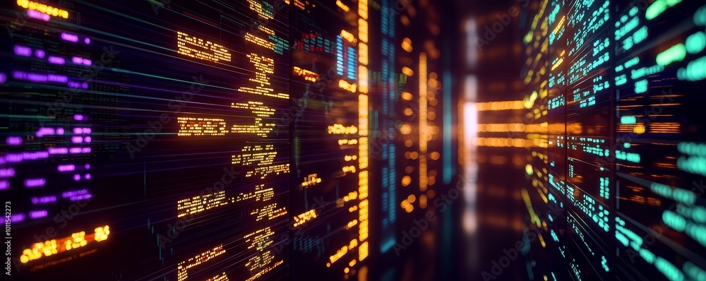 Poster futuristic data streams in vibrant colors flowing through a digital tunnel.