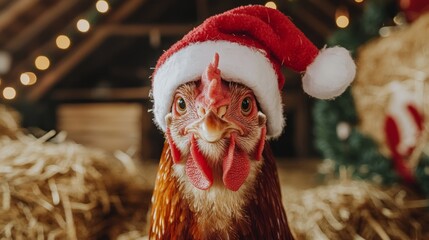 A humorous close-up of a chicken with a slightly crooked Santa hat, standing in a barn decorated with festive holiday garlands and straw.