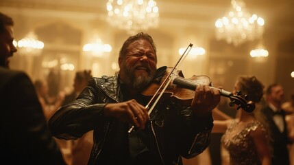 Fototapeta premium A joyful violinist wearing a leather jacket is captured in a moment of expressive performance amidst a crowd in a luxurious, chandelier-lit ballroom.