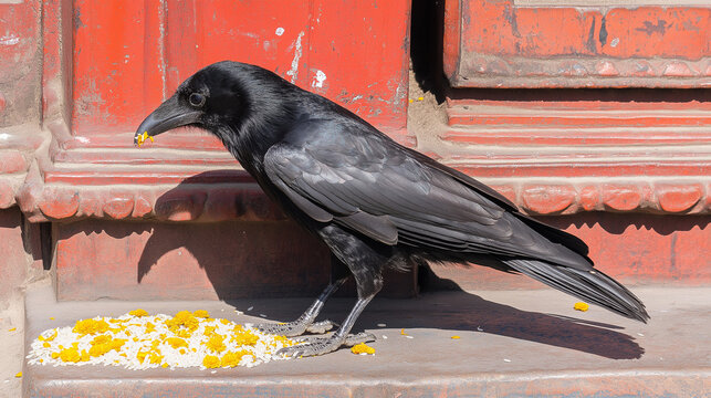  crow eats rice offerings during the Pitru Paksha ritual, representing ancestral feeding, Ai