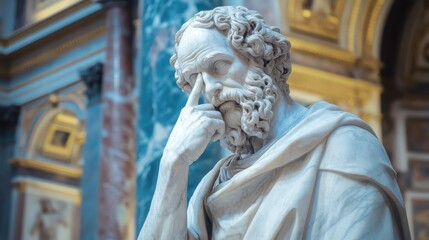 Statue of Socrates, with his hand on his face in deep thought, inside St.
