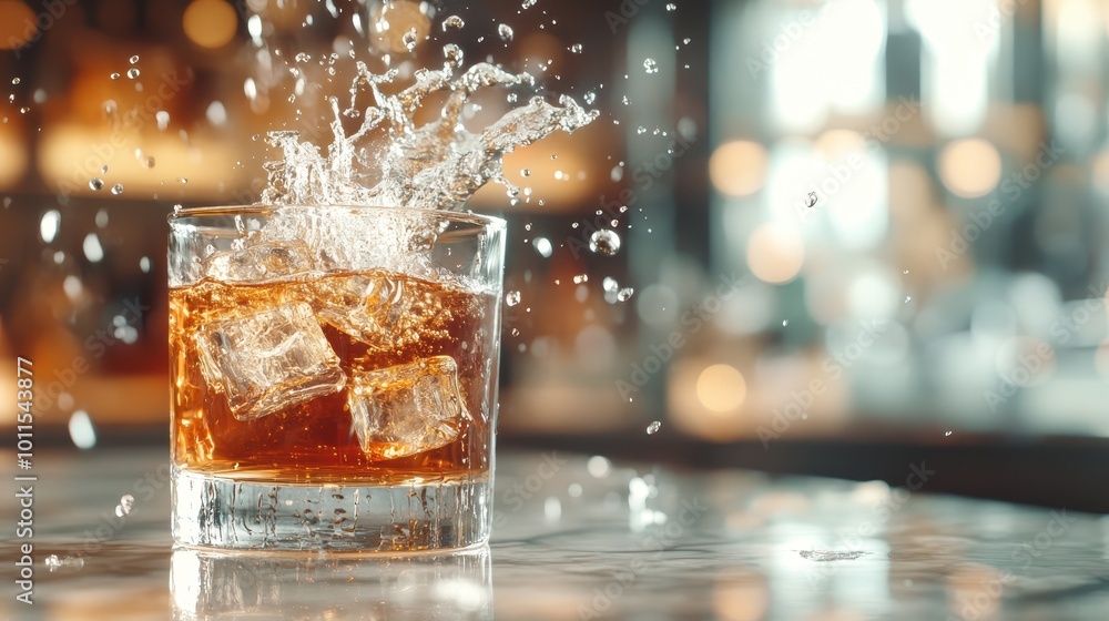 Poster a whiskey glass with ice cubes splashing dramatically against a soft-focused elegant bar setting, ca