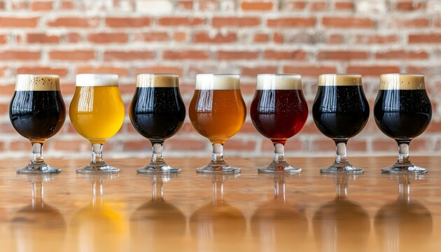 A lineup of craft beers in tulip, pint, and chalice glasses, showcasing a range of vibrant colors from pale yellow to deep, rich brown.