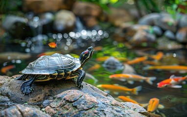 Fototapeta premium Turtle on a rock in a pond
