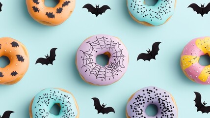 Colorful Halloween-themed donuts with bat decorations on a pastel blue background, perfect for festive celebrations.