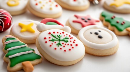 A batch of freshly baked sugar cookies decorated with colorful holiday-themed icing, perfect for Christmas festivities.