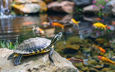 Fototapeta premium Turtle on a rock in a pond