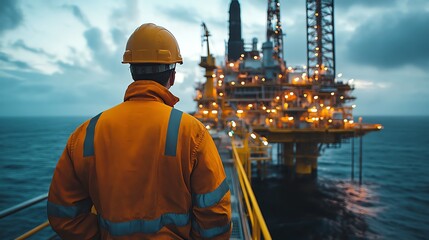 A worker in safety gear monitors an offshore oil rig during twilight, highlighting the blend of industry and nature.