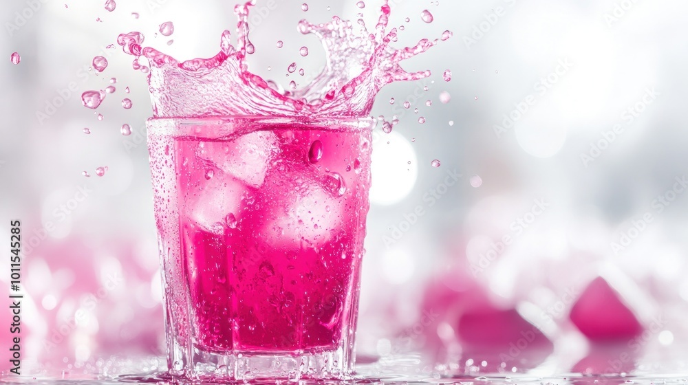 Poster a vibrant pink drink splashes in a glass with ice, creating a refreshing visual effect.