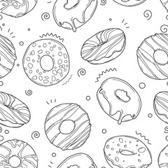 Tasty temptation: vector seamless pattern with tasty donuts drawn with dark lines on a white background. Perfect for packaging, textiles or design projects, giving them style and originality