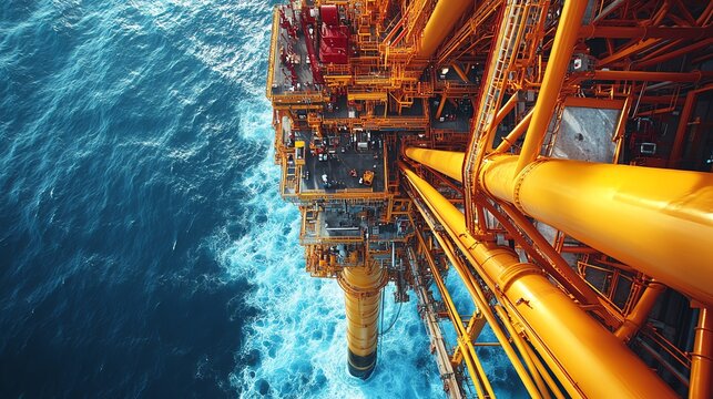 Aerial view of an oil rig surrounded by deep blue ocean waters, showcasing industrial structures and vibrant colors.