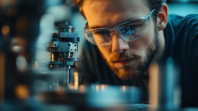 Focused engineer working on precision machinery with safety glasses in a modern workshop environment.