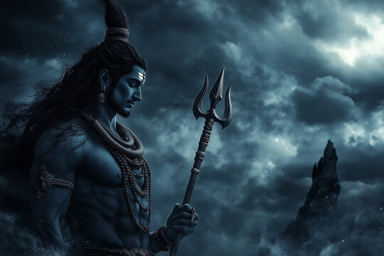 Lord Shiva with his trident against a cinematic