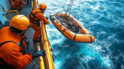 Rescue team in orange suits deploys a lifeboat into rough ocean waters for maritime safety operations.