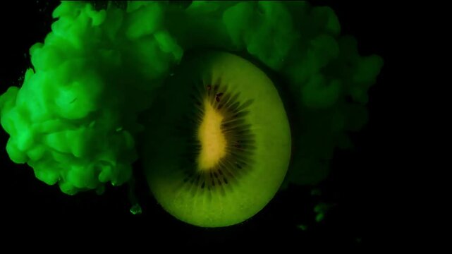 Fresh, Round Slice of Kiwi Hovers Isolated on A Black Background Close-Up Photo Concept Super Slow Motion Animation, 4k Video