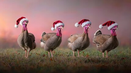 Obraz premium A playful group of wild turkeys in Santa hats, wandering across a lush green meadow, with the soft pink and orange hues of sunrise in the background.