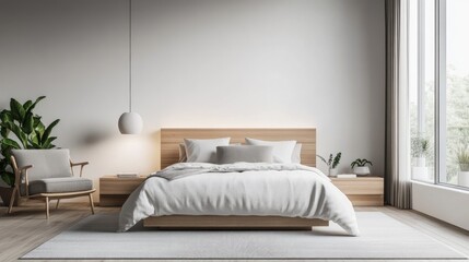 A serene minimalist bedroom with a neutral color palette, sleek furniture, and minimalist decor accents, promoting a sense of calmness and clarity.