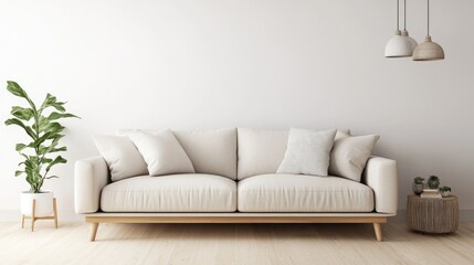 A serene minimalist living room with a comfortable sofa, minimalist decor accents, and a neutral color palette, perfect for hosting guests in relaxation.