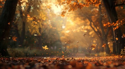 A tranquil autumn forest with falling leaves, golden sunlight filtering through trees, ultra-high-definition textures capturing the warm, peaceful scene