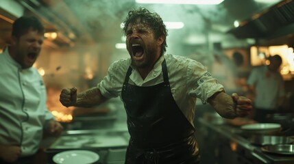 A chef displays raw emotion amidst a bustling kitchen, surrounded by fellow chefs and the urgency of gastronomy, symbolizing dedication and artistic passion.