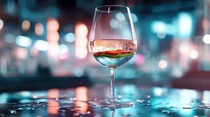 A sophisticated glass of wine with vibrant sparkles stands out against a lively bar background of blurred lights, embodying elegance and social interaction.