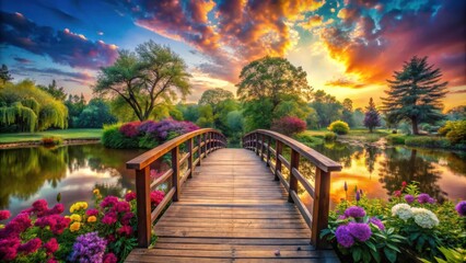 Obraz premium A wooden bridge leading to a peaceful garden with a serene pond, blooming flowers, and a breathtaking sunset sky