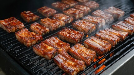 A sizzling hot barbecue grill loaded with juicy pork belly slices, smoke rising and flames licking the meat, igniting the senses.