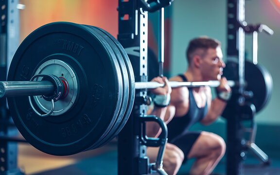 Closeup of a weightlifter doing a barbell squat in a gym.