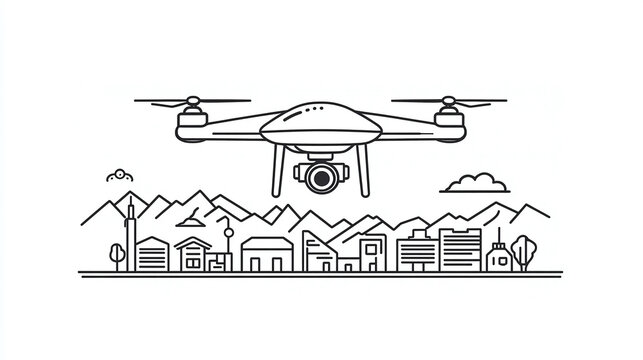 black and white drone flying over city