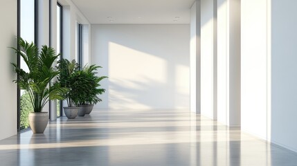 Fototapeta premium A sleek hallway in minimalist design, with white walls, polished concrete floors, and a row of potted plants, creating a sense of openness and flow.