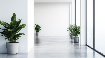 A sleek hallway in minimalist design, with white walls, polished concrete floors, and a row of potted plants, creating a sense of openness and flow.