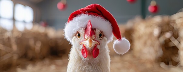 A quirky close-up of a chicken wearing a festive Santa hat, standing in the middle of a barn filled with hay and rustic holiday decorations.