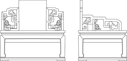 Fototapeta premium Vector sketch illustration silhouette design of interior furniture wooden chair antique old classic vintage ethnic traditional chinese full of carvings