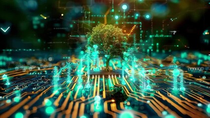 A digital tree grows from a circuit board, symbolizing the fusion of technology and nature.