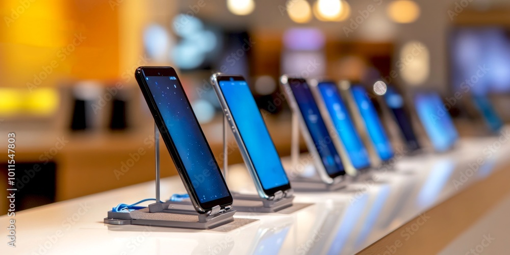 Poster a row of modern smartphones displayed in a sleek store setting. bright screens convey innovation in 