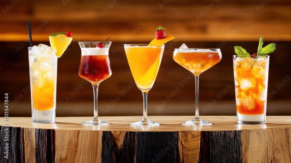 Poster a cocktail menu printed on rustic paper, with an array of unique drinks listed, set on a wooden bar 
