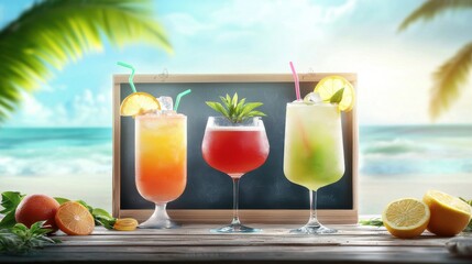 Fototapeta premium A colorful cocktail menu on a chalkboard, featuring summer drinks with tropical ingredients, set in a beachside bar.
