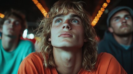Obraz premium A thoughtful young man with long hair gazing upwards under soft festival lighting, with friends blurred in the background, creating a reflective mood.