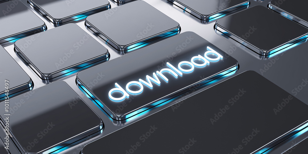 Poster a glossy black keyboard with a striking blue neon-lit 