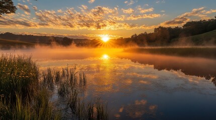 Obraz premium Sunrise Over Foggy Lake