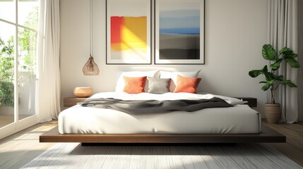 A stylish minimalist bedroom with a platform bed, crisp white linens, and pops of color from accent pillows and artwork, adding visual interest.