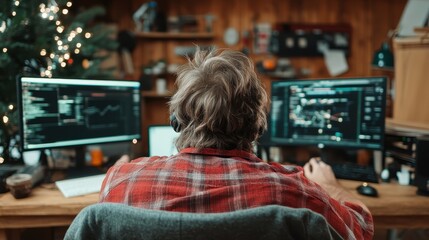 Fototapeta premium A programmer wearing headphones and a flannel shirt focuses intently on two computer monitors, coding in a cozy room with a wooden backdrop and decorated tree.